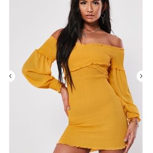 Mustard Shirred Bardot dress